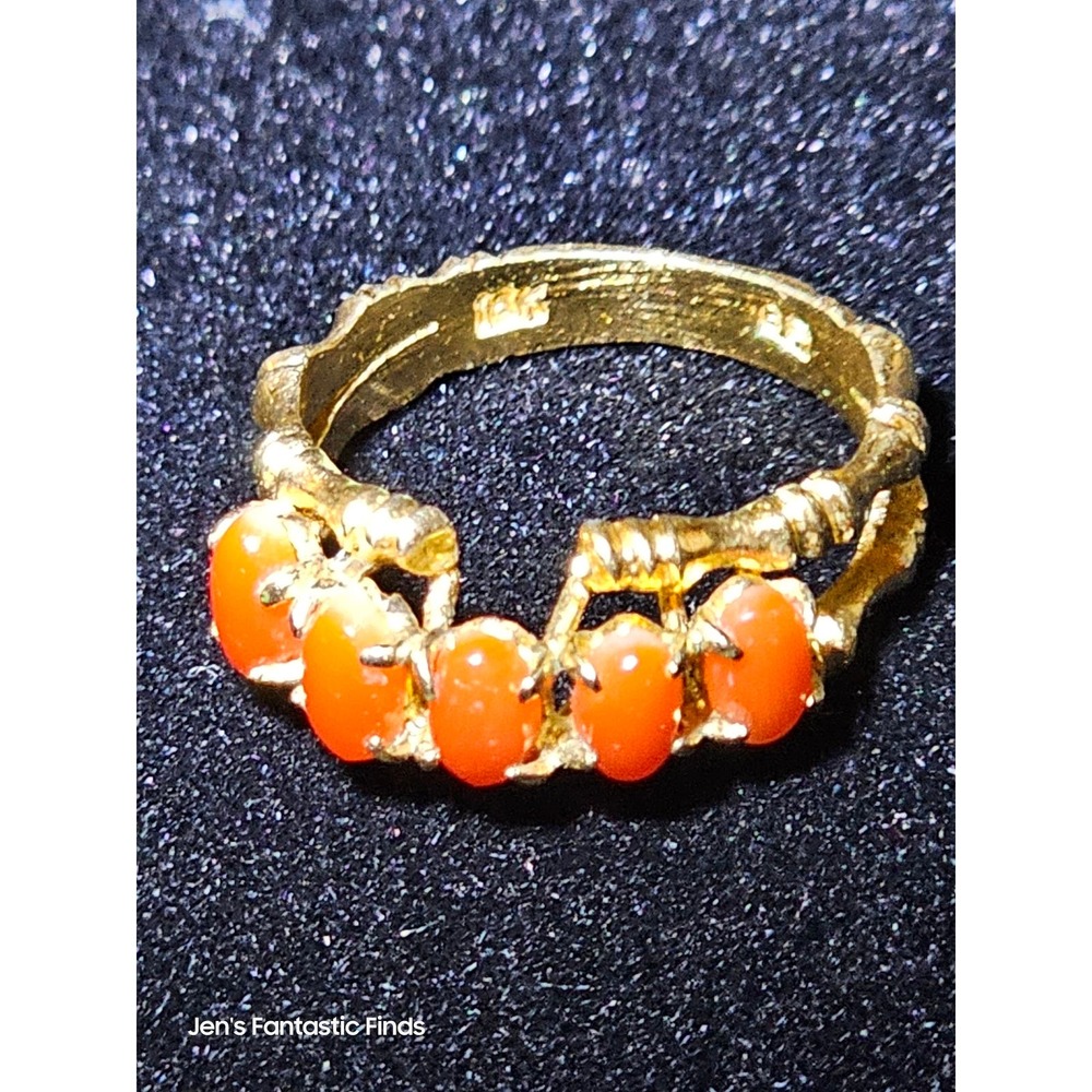Vintage 18KP Gold Coral Bamboo Ring Size 5.5